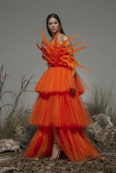 Isabel Sanchis Bonito Feathered Tiered Gown