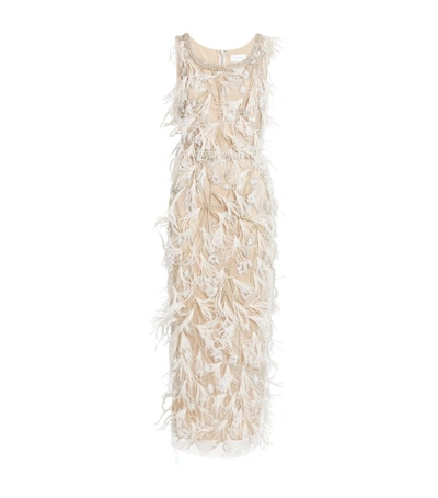 Marchesa Feather-embellished Maxi Dress