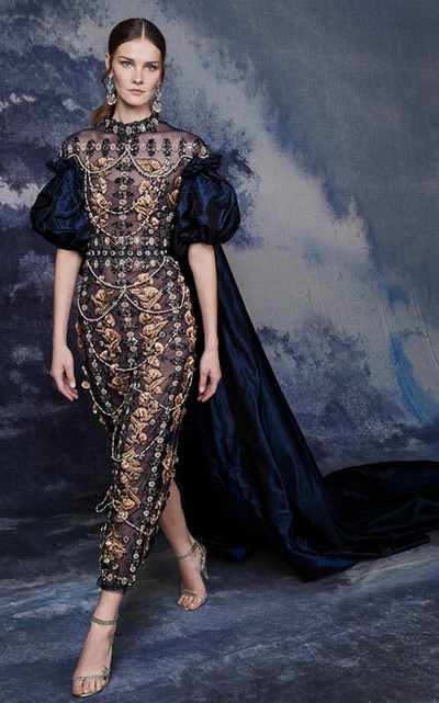 Marchesa Cap Sleeve Tulle Fully Embroidered Gown With Cape In Blue |  ModeSens