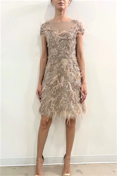 Marchesa Cap Sleeve Feather Cocktail Dress