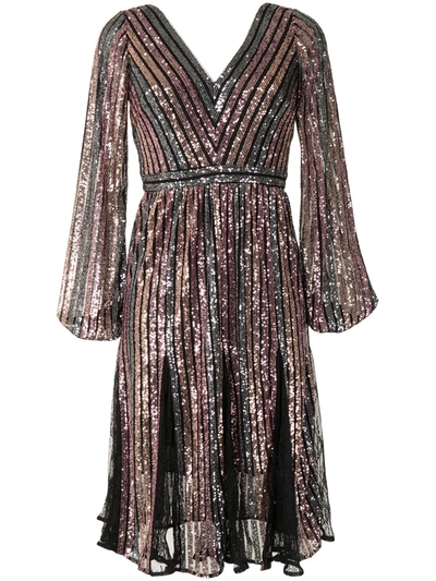 Marchesa Notte Long Sleeve V-neck Striped Sequin Cocktail Dress In Mauve