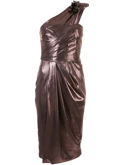 Marchesa Notte One-shoulder Floral-appliquéd Draped Metallic Striped Chiffon Dress In Bronze