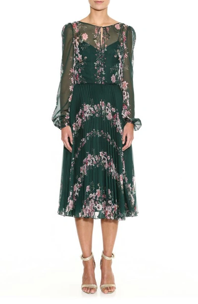 Marchesa Notte Floral Print Long Sleeve Pleated Chiffon Dress In Emerald