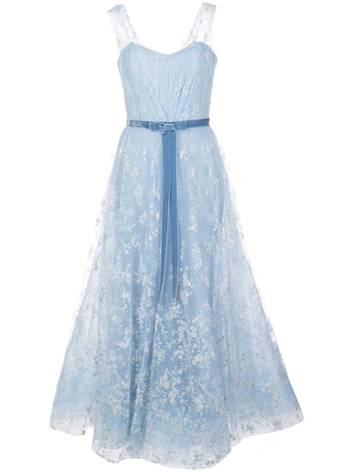 Marchesa Notte Glitter Tulle Off Shoulder Midi Gown In Blue