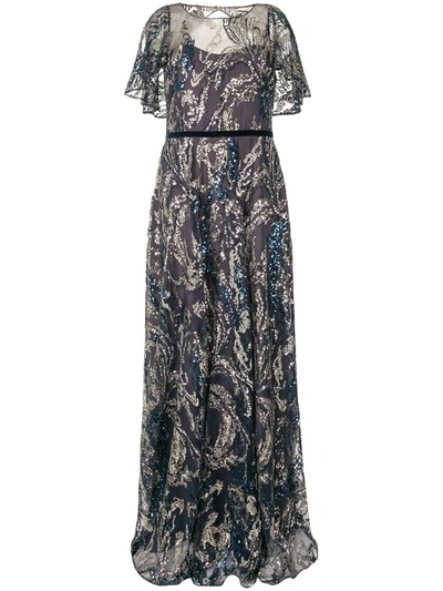 Marchesa Notte Cape Sleeve Beaded Sequin Evening Gown In Blue