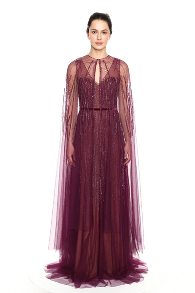 Marchesa Notte Sleeveless Beaded Embroidered Tulle Gown With Cape
