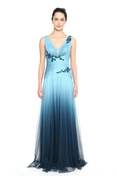 Marchesa Notte Sleeveless Draped Ombre Tulle Evening Gown