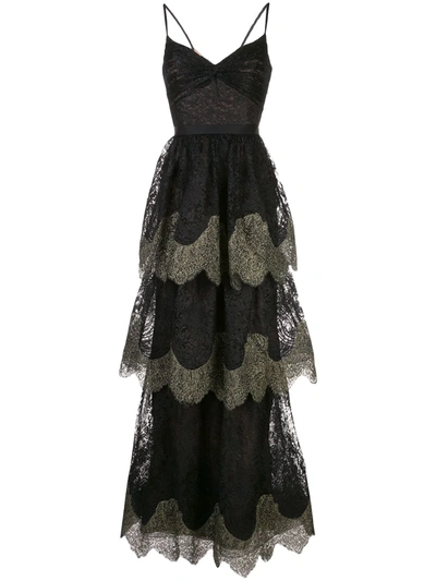 Marchesa Notte Sleeveless Metallic Scallop Lace Gown In Black