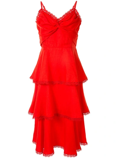 Marchesa Notte Sleeveless Printed Linen 3-tiered Midi Dress In Red