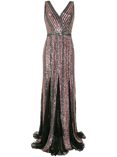 Marchesa Notte Sequin Striped Sleeveless Gown In Metallic