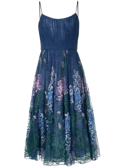 Marchesa Notte Pleated Embroidered Point D'esprit Midi Dress In Cobalt Blue