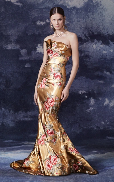 Marchesa Strapless Lurex Floral Jacquard Gown