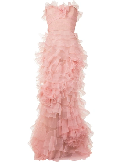 Marchesa Textured Strapless Gauze Gown In Pink