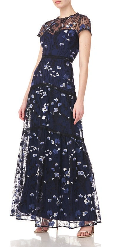 ml Monique Lhuillier Short Sleeve Floral Embroidered Mesh Gown In Jet Multi  | ModeSens
