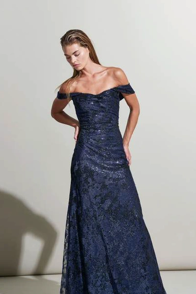 Rene Ruiz Off-the-shoulder Embroidered Gown With Sequins In Blue