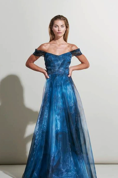Rene Ruiz Off Shoulder Blue Smoke Print Evening Gown