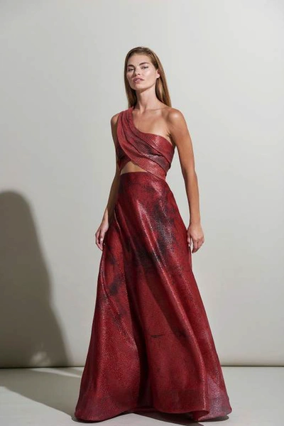 Rene Ruiz One Shoulder Red Draped Evening Gown