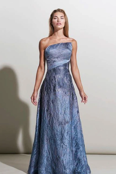 Rene Ruiz Strapless Metallic Knit Gown In Blue