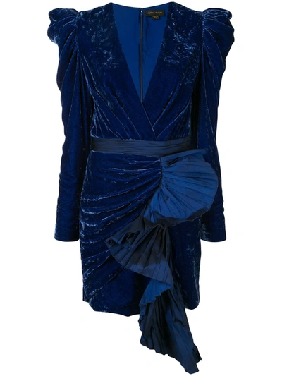 Zuhair Murad Ruffled Long Sleeve Velvet Mini Dress In Blue