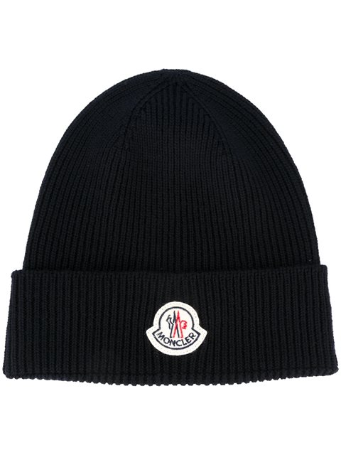 Moncler Ribbed Wool Logo Beanie Hat, Navy | ModeSens