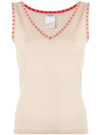 Pre-owned Chanel 2001 Knitted Cc V-neck Tank In Neutrals