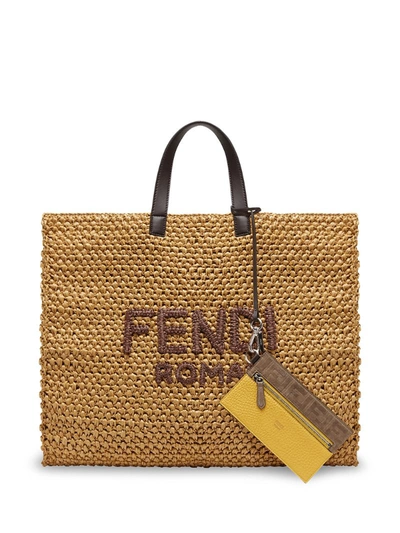 Fendi Logo-embroidered Leather-trimmed Woven Raffia Tote Bag In Beige