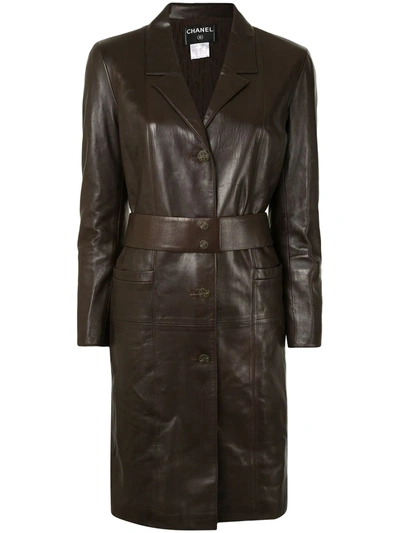 Pre-owned Chanel 2004 Belted Leather Coat In Brown