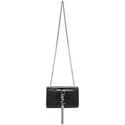 Saint Laurent Kate Monogram Ysl Small Tassel Croco Shoulder Bag, Black