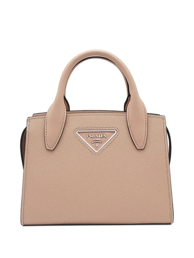 Prada Saffiano Logo Plaque Tote Bag In Neutrals