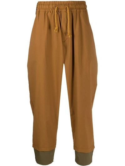 White Mountaineering Two-tone Drop-crotch Sarouel Trousers In Brown