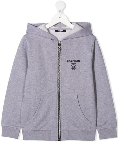 Balmain Teen Logo Print Zipped Hoodie In Grey