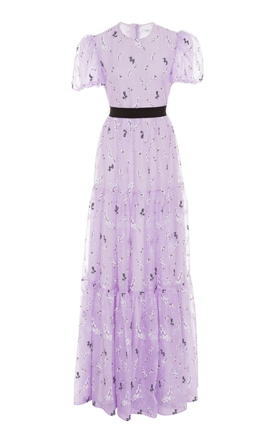 Erdem Triin Belted Floral-print Silk-organza Gown In Purple