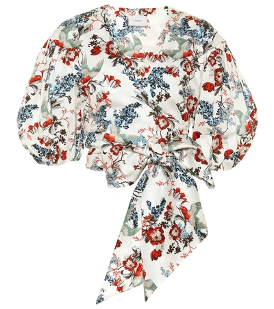 Erdem Cyllene Cropped Floral-print Cotton-poplin Wrap Top In White