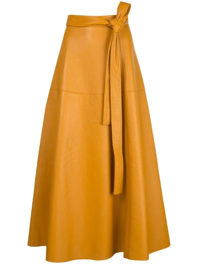 Oscar De La Renta Tie-detailed Leather Midi Skirt In Yellow