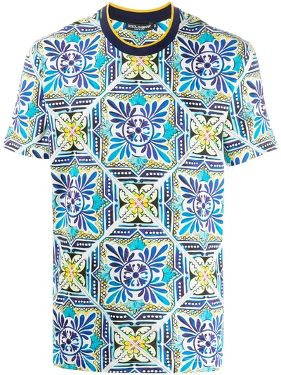 Dolce & Gabbana Cotton T-shirt With Maiolica Print In Blue