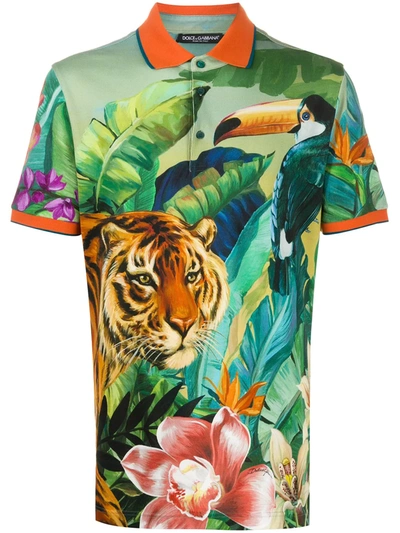 Dolce & Gabbana Cotton Polo Shirt With Jungle Print In Multicolor