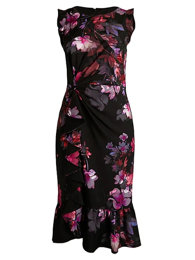 Adrianna Papell Watercolor Lilies Flounce Dress In Black Multi