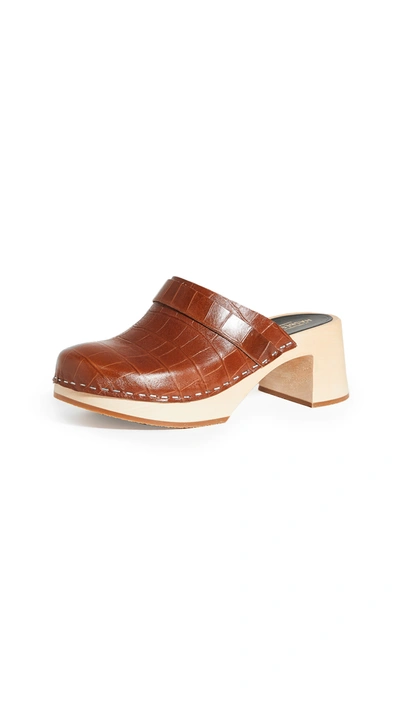 Swedish Hasbeens Dagny Clogs In Cognac Embossed Leather