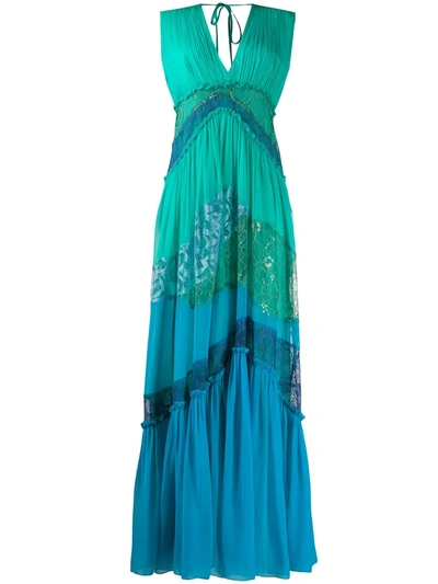 Alberta Ferretti Pleated Embroidered Silk Maxi Dress In Turquoise