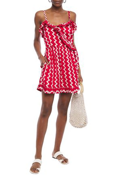Stella Mccartney Ruffled Striped Silk-moire Mini Wrap Dress In Red