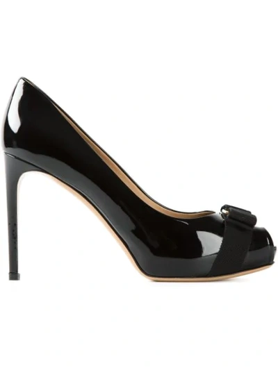 Ferragamo 'plum' Peep Toe Patent Leather Pump In Black