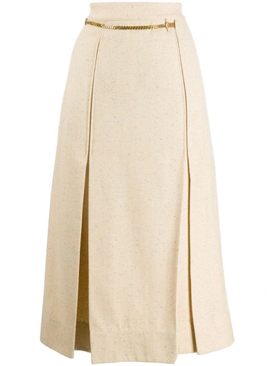 Victoria Beckham Chain-detailed Pleated Donegal Silk-blend Tweed Wrap Skirt In White