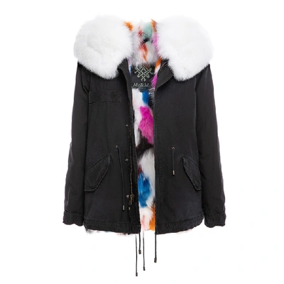 Mr & Mrs Italy Jazzy Mini Parka With Multicolor Fur Lining In Black / Multicolor White / White