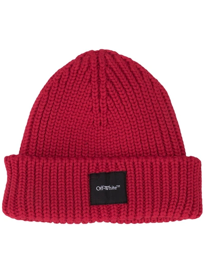 Off-white Logo-patch Ribbed-knit Beanie In Red