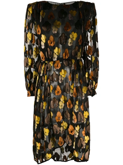 Pre-owned Valentino 1980's Floral Long-sleeved Dress In Black