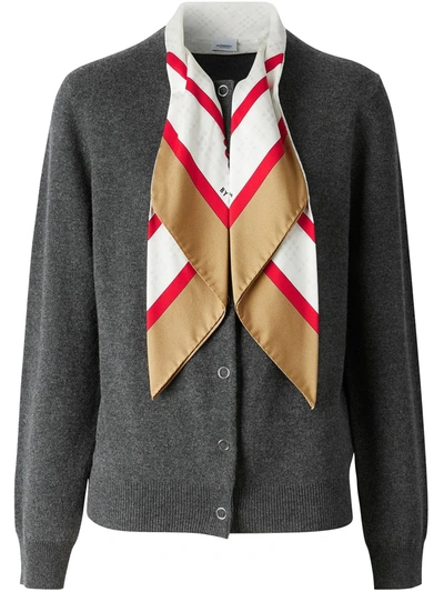 Burberry Silk Scarf Detail Cashmere Cardigan In Grey