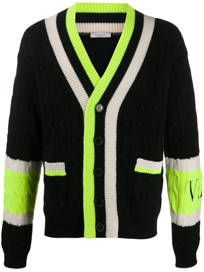 Valentino Colour-block Cable Knit Cardigan In Black