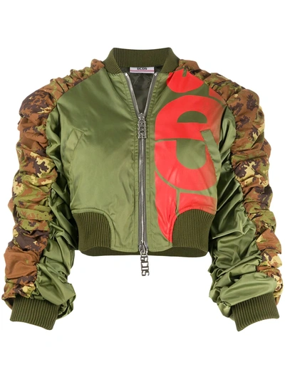 Gcds Cropped Ruched Bomber Jacket In Green