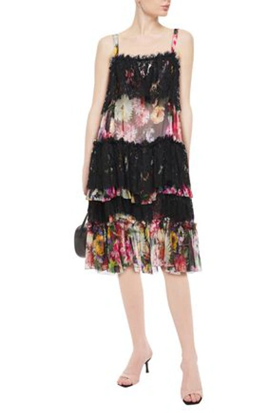 Dolce & Gabbana Tiered Floral-print Silk-blend Voile And Lace Dress In Black