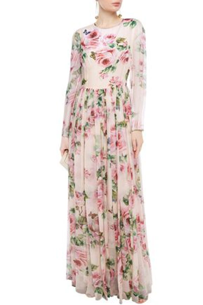 Dolce & Gabbana Gathered Floral-print Silk-voile Gown In Pastel Pink